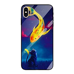 Ốp lưng kính cường lực cho iPhone Xs Max Nền Cá Chép và Mèo - Hàng Chính Hãng