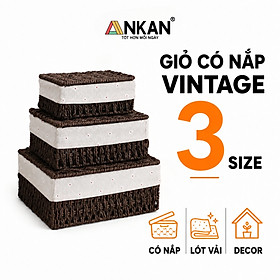 Giỏ Mây Có Nắp Đựng Đồ, Đựng Mỹ Phẩm, Đựng Đồ Ăn Vặt Để Bàn, Decor Chụp Ảnh Sản Phẩm Lót Vải Vintage