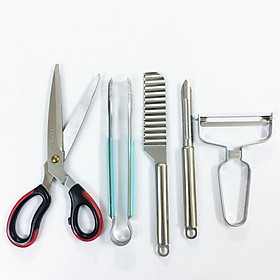 Combo 5 Dụng cụ nhà bếp Kéo cắt thịt, kẹp nóng, dao lột vỏ, nạo, gọt hoa quả nạo Hàn Quốc