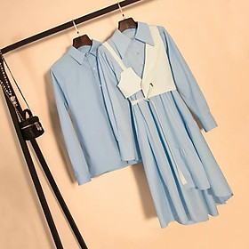 Set đồ đôi Hàn Quốc áo cặp sơ mi đầm xòe màu xanh dành cho couple