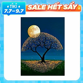 Bộ Làm Tranh Đính Đá Chữ Thập Hình Cây Cổ Thụ Dưới Trăng