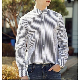 Áo sơ mi nam dài tay kẻ sọc trắng xanh đen