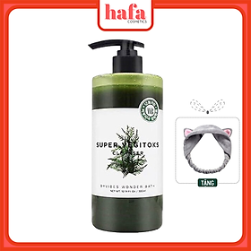 Sữa rửa mặt thải độc rau củ Byvibes Wonder Bath Super Vegitoks Cleanser 300ml (Màu xanh) + Tặng kèm 1 băng đô tai mèo xinh xắn ( màu ngẫu nhiên)