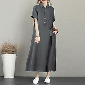 Women Shirt Dress Belted Pockets Button Turn-down Collar Short Sleeve Casual Summer Midi Dress