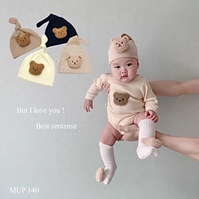 mũ vải cotton dáng tỏi gắn hình mặt gấu cho bé sơ sinh dưới 4 tháng tuổi