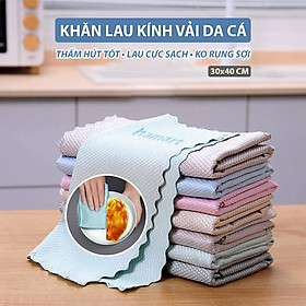 SET 2 Khăn Lau Kính Chuyên Dụng Vải Da Cá 30x40 Đa Năng Lau Gương Ô Tô Mặt Bàn Không Bụi Vải