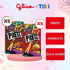 Bánh snack que mặn nướng giòn Glico Pretz Happy Set A combo 10 hộp (5 BBQ gà nướng - 5 nguyên bản )