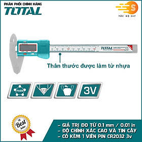 Thước kẹp điện tử thân nhựa 150mm TOTAL TMT331501 - kỹ thuật số, dùng pin CR2032, độ chính xác cao, do từ 0.1mm