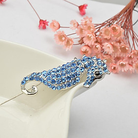 Crystal Diamante Rhinestone Seahorse Pendant Brooch Pin Jewelry Bridal Blue