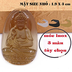 Mặt Phật Thích ca mậu ni đá obsidian ( thạch anh khói ) 1.9cm x 3cm (size nhỏ) kèm vòng cổ dây da đen + móc inox vàng, Mặt dây chuyền Phật tổ Như lai
