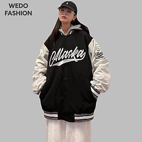 Áo khoác bomber nữ in chữ nổi ALASKA kiểu dáng bóng chày phối nút bấm phong cách tiểu thư cá tính