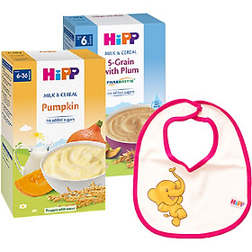 Combo 2 Bột Sữa Và Rau Củ Dinh Dưỡng HiPP Vị Bí Đỏ 3323 & Bột Dinh Dưỡng Sữa Ngũ Cốc Hoa Quả Tổng Hợp - Mận Tây HiPP 250g - 2918 Tặng Kèm 1 Yếm Ăn Dặm HiPP