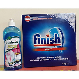 Combo Muối rửa bát Finish 4kg + Nước làm bóng Ludwik 500ml hàng mới 2020 + Tặng Que thử nước cứng