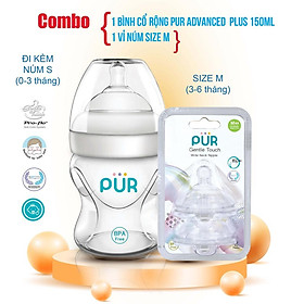 Combo Bình sữa cổ rộng Pur Advanced Plus 150ml + vỉ núm M