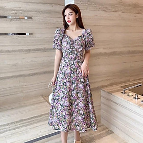 Đầm suông hoa nhí rút ngực tay phồng dễ thương thanh lịch