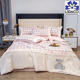 Bộ chăn chần ga gối phi lụa Gấu RM Lidaco màu nhẹ nhàng decor phòng ngủ xinh xắn