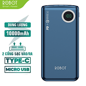 Pin Sạc Dự Phòng 10.000mAh ROBOT RT100Q - Chuẩn Sạc Nhanh PD/QC 3.0 18W, Đèn LED Hiển Thị Mức PIN - HÀNG CHÍNH HÃNG