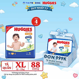 Tã/bỉm quần Huggies Skin Care Mega Jumbo XL84+4 miếng với tràm trà dịu da