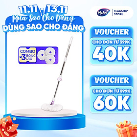 Combo 3 Bông Lau + 1 Cây Lau Nhà Đơn MyJae Sợi Microfiber Xoay 360 Độ Phù Hợp Cho Nhiều Loại Thùng Lau 134cm