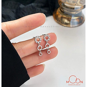 Khuyên tai bạc bông tai bạc nữ 3 vòng tròn đính đá pha lê dây dài