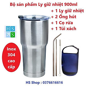 Ly giữ nhiệt Thái Lan 900ml (Kèm 2 Ống hút + 1 Cọ rửa + 1 Túi xách) Bình cốc cách nhiệt inox 304 cao cấp - HS Shop