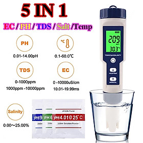 Bút kiểm tra chất lượng nước 5 trong 1, bút đo độ PH, độ mặn , TSD, EC cso đèn nền - hàng chính hãng