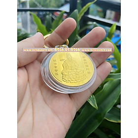 Lì xì hình Ti.ền 2023 Móc khóa Đồng Xu Quan Âm-Cá Chép Mạ Vàng Tặng Kèm Túi Gấm Tài Lộc May Mắn SQTTC000075