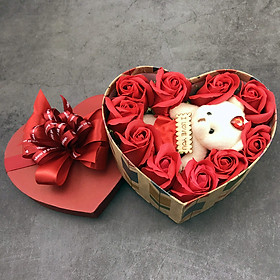 Quà tặng sinh nhật cho bạn gái - hoa hồng sáp hộp tim 1 gấu, màu đỏ - H16D