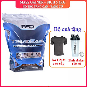 Combo Sữa tăng cân tăng cơ True Gain của RSP hương Chocolate bịch 5.3kg hỗ trợ tăng cân tăng cơ nhanh cho người gầy, kén ăn, khó hấp thu thức ăn tự nhiên & Bình lắc 600ml (Mẫu ngẫu nhiên) & Áo thun thể thao (Size S 47-58kg)