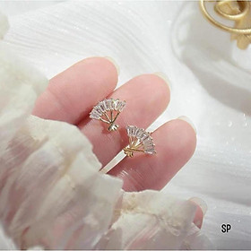 Bông khuyên tai chốt nụ bạc ta đá gate ghép hình quạt xinh xắn đeo cực nổi tai,V55T45,phụ kiện trang sức,Vàng bạc an chi