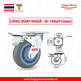 Bánh xe đẩy cao su xám tải nặng càng xoay có khóa - 150 - 200mm - Happy Move Thái Lan