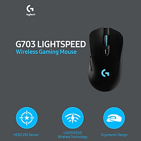 Logitech G703 Wireless Gaming Mouse Lightweight Ergonomic Mice with LIGHTSPEED Wireless Technology HERO 25K Sensor