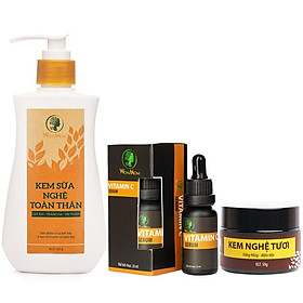 Bộ trắng da mặt và body cơ bản Wonmom ( 1 Serum vitamin C + 1 Kem nghệ tươi + 1 Kem sữa nghệ toàn