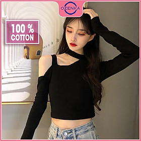 Áo croptop trễ vai tay dài ôm nữ OZENKA, crt đẹp sang chảnh thời trang màu đen trắng thun gân 100% cotton dưới 50kg