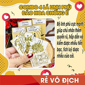 Combo 4 lá linh phù đào hoa chống ế ĐÀO HOA CHỐNG Ế+THẦN TÀI GIỮ CỦA+HỒ LY QUYẾN RỦ+TIỀN VÔ NHƯ NƯỚC. Để bóp ví, dùng làm miếng dán điện thoại, máy tính, nhà cửa, xe