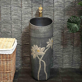 Lavabo trụ đứng/đặt sàn màu xám đen họa tiết hoa sen quấn phong cách cổ điển