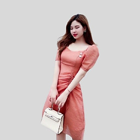 Đầm dự tiệc nữ cao cấp, Đầm voan ngắn tay nhún eo hàng thiết kế cao cấp