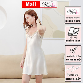 Đầm ngủ WANNABE DNS54 váy ngủ lụa cổ tim phối ren khoe núi đôi căng tròn, bản vai 2cm đính nơ nữ tính