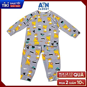 Bộ quần áo dài bé trai họa tiết Hươu Cao Cổ nền xám thun cotton