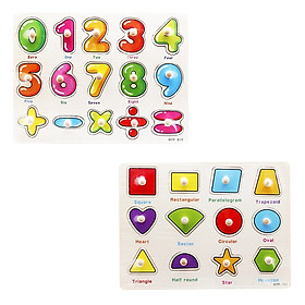 Set 2 Bảng Ghép hình có núm bằng gỗ : Hình Học và 9 số Cộng Trừ ( Đồ Chơi Giáo Dục Cho Bé MK0068)
