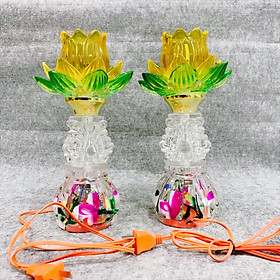 Cặp đèn thờ cúng hoa sen LED đổi mầu thắp điện bằng thủy tinh cao 25 cm 