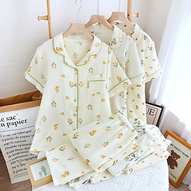 Bộ Pijama, Đồ Bộ Mặc Nhà Áo Cộc Quần Dài Chất Liệu Xô Muslin M2 Cao Cấp