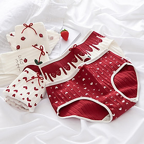 Bộ 4 Quần Lót Nữ Cotton Thun Gân Họa tiết Dâu Đỏ Red Bow - Phong Cách Thiếu Nữ Thời Đại Nhật Hàn Dễ Thương - Vải Cotton Siêu Thoáng Mát Ôm Khít Nâng Form Vòng 3 - Hàng Chất Lượng Cao