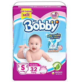 Tã Dán Bobby Siêu Mỏng Thấm Gói Trung S32 (32 Miếng)