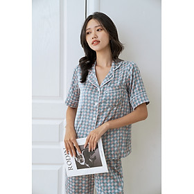 PZM tay ngắn và quần dài họa tiết cặp nơ đối nền xanh nhạt vải lụa satin pháp siêu xinh và sang trọng PJ90