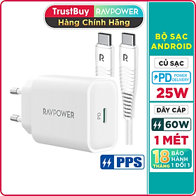 Combo Củ Sạc Nhanh Type-C PPS 25W RAVPower RP-PC156-W và Cáp Type-C To C 60W Dài 1M RP-CB047-W Dành Cho Điện Thoại Android, Cho Samsung, Cho Vivo, Cho Oppo, Cho Xiaomi Và Máy Tính Bảng - Hàng Chính Hãng