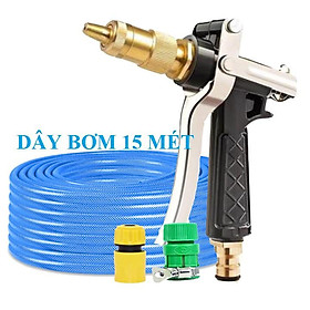 Bộ dây vòi xịt nước rửa xe, tưới cây . tăng áp 3 lần, loại 15m 206236 đầu đồng, cút, nối PE