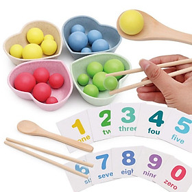 Bộ đồ chơi giáo cụ Montessori thực hành tập dùng thìa và đũa gắp bi gỗ cho bé