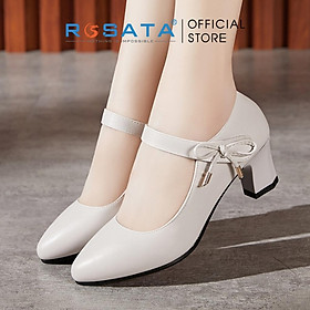 Giày búp bê nữ cao gót 5 phân đế vuông phối nơ quai dán ROSATA RO330 - Kem