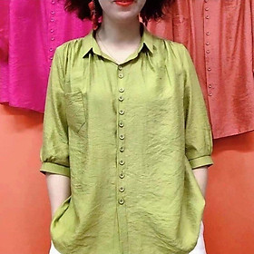 Áo sơ mi kiểu tay lỡ cổ đức, chất liệu Đũi tơ mềm mát, thấm hút mồ hôi, áo kiểu nữ dễ thương, NeSa Shop AT12